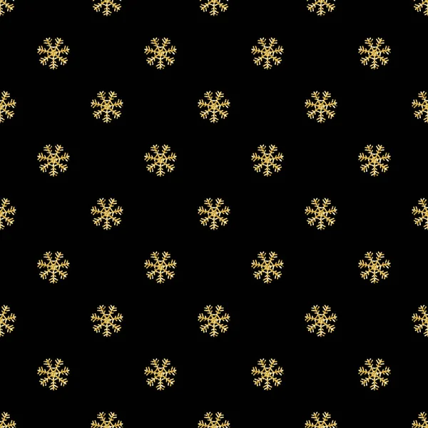 在黑色背景上的无缝的金色亮片雪花模式 — 图库矢量图片