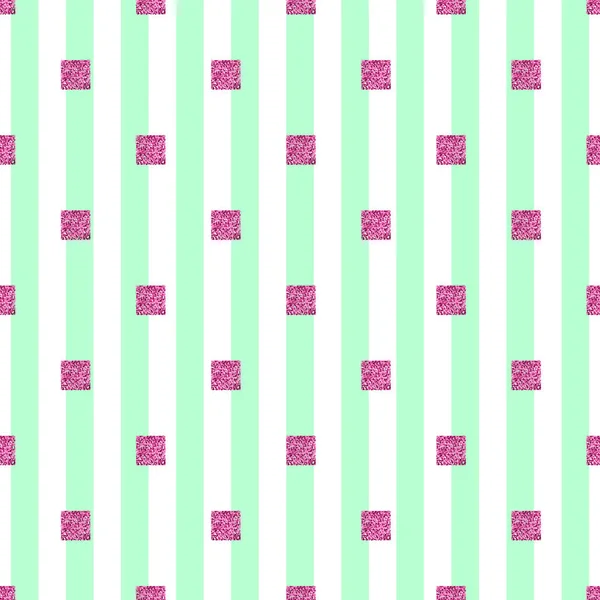 Varrat nélküli rózsaszín négyzet csillogó zöld csíkos háttér minta — Stock Vector