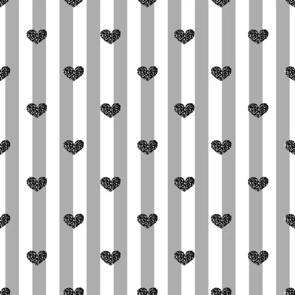 Sorunsuz siyah kalp Glitter gri şerit arka plan üzerinde — Stok Vektör