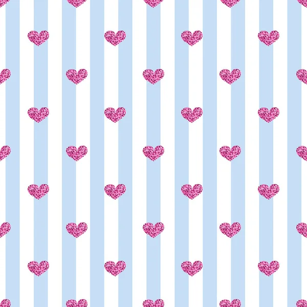 Nahtlose rosa Herz-Glitzern auf blauem Streifenhintergrund — Stockvektor