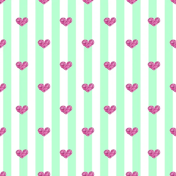Nahtlose rosa Herz-Glitzern auf grünem Streifenhintergrund — Stockvektor