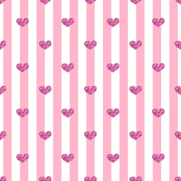 GLITER CORAZÓN PINK SEAMLESS EN PINK STRIPE ANTECEDENTES — Vector de stock