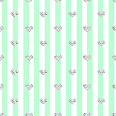 Yeşil çizgili arka plan üzerinde sorunsuz gümüş Glitter Heart