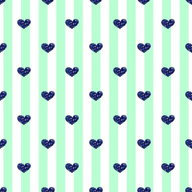 Kesintisiz mavi kalp Glitter yeşil çizgili arka plan üzerinde