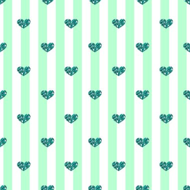 Yeşil çizgili arka plan üzerinde sorunsuz yeşil kalp Glitter şekli