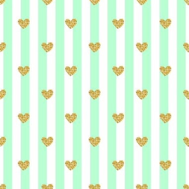 Yeşil çizgili arka plan üzerinde sorunsuz altın kalp glitter şekli