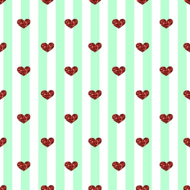 Yeşil çizgili arka planda kesintisiz kırmızı kalp Glitter
