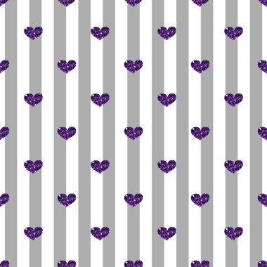 Printseamless mor kalp Glitter gri şerit arka plan üzerinde