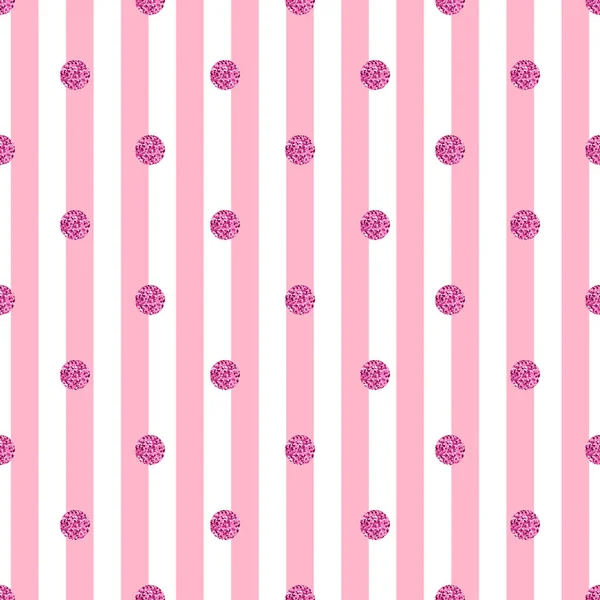 Nahtloses rosa Punkteglitzermuster auf rosa Streifenhintergrund — Stockvektor