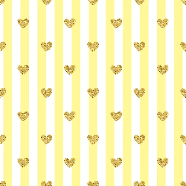 Bezszwowe złote serce brokat wzór na tle żółty pasek — Wektor stockowy