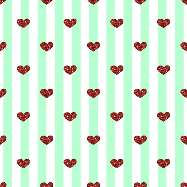 Yeşil çizgili arka planda kesintisiz kırmızı kalp Glitter — Stok Vektör
