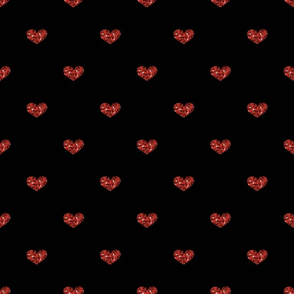 黒い背景にシームレスな赤いハート キラキラ — ストックベクタ