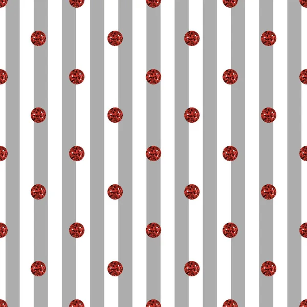 Nahtloses Red Dot Glitzermuster auf grauem Streifenhintergrund — Stockvektor