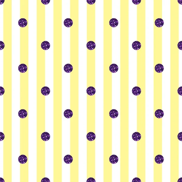 Nahtlose lila Punkte-Glitzermuster auf gelbem Streifenhintergrund — Stockvektor