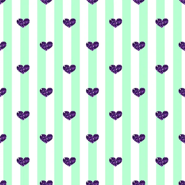 GLITER DE CORAZÓN PURPLE SEAMLESS EN ANTECEDENTES GREEN STRIPE — Vector de stock