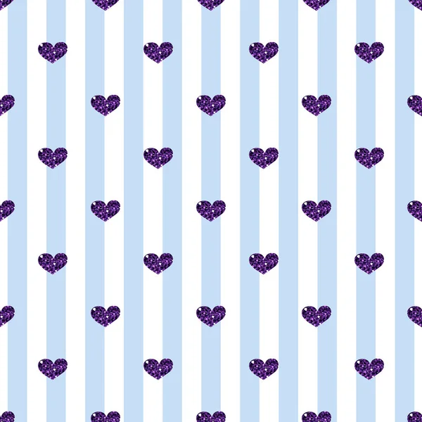 GLITER DE CORAZÓN PURPLE SEAMLESS EN ANTECEDENTES DE FRANJA AZUL — Vector de stock