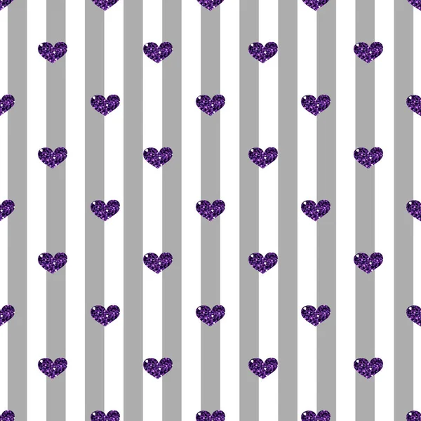 Printseamless 紫心闪光灰色条纹背景上 — 图库矢量图片