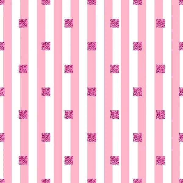 Nahtlose rosa glitzernde quadratische Muster mit rosa Streifenhintergrund — Stockvektor