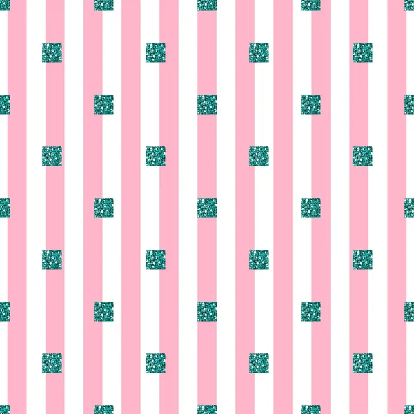 Motif carré sans couture vert paillettes avec fond rayé rose — Image vectorielle