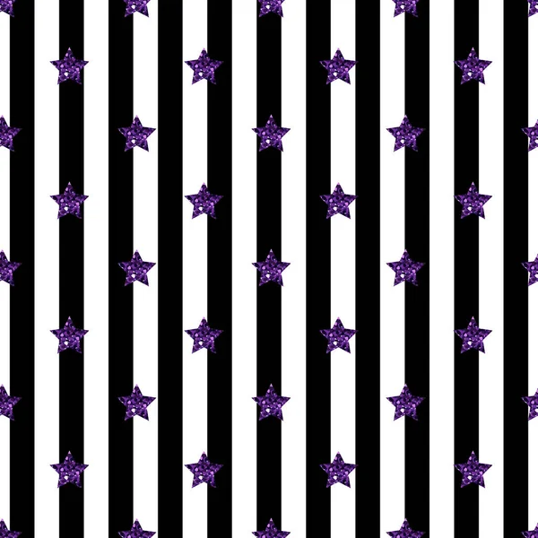 Srtipe の背景にシームレスな紫のキラキラ星のパターン — ストックベクタ
