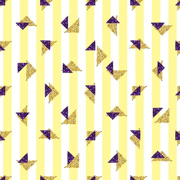 Sarı şerit arka plan ile Seamless altın ve prple üçgeni glitter modeli
