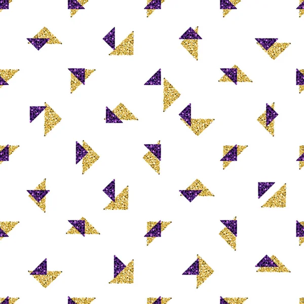 Nahtloses Gold- und Pulple-Dreieck-Glitzermuster mit weißem Hintergrund — Stockvektor