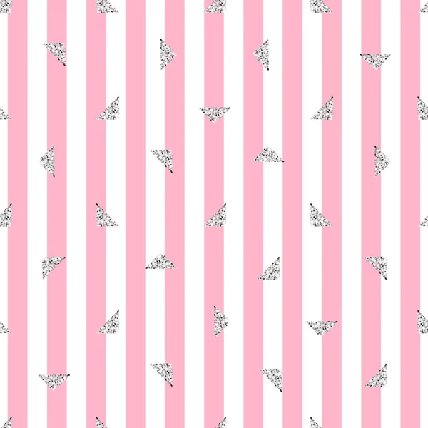 Motif de paillettes triangle argent sans couture avec fond rayé rose — Image vectorielle
