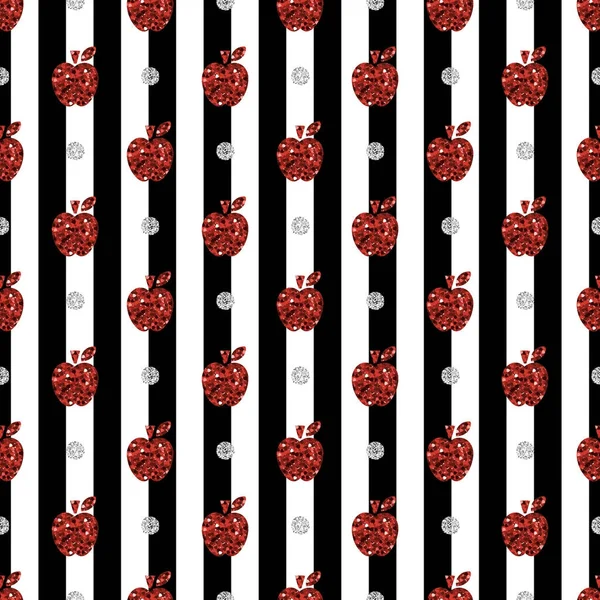 Naadloze rode appel met zilveren stip glitter patroon op stripe achtergrond — Stockvector