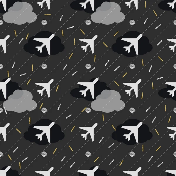 Avion blanc sans couture dans le ciel nocturne avec fond motif paillettes or et argent — Image vectorielle