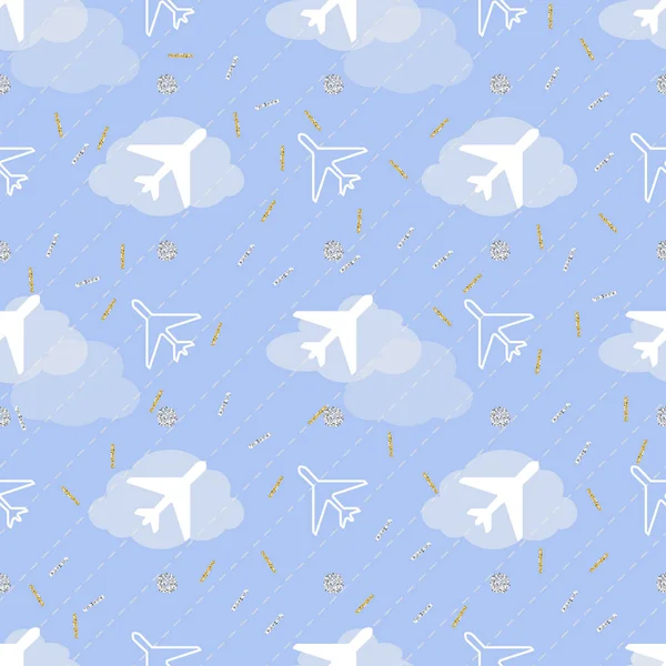 Avion blanc sans couture dans le ciel bleu avec fond motif paillettes or et argent — Image vectorielle