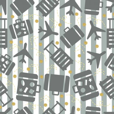 Altın nokta glitter desen gri şerit arka plan ile sorunsuz seyahat çantası