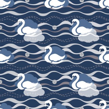 kesintisiz beyaz kuğu ve glitter desen arka plan ile mavi dalga