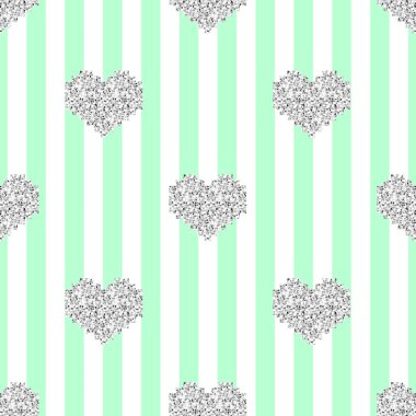 sorunsuz gümüş piksel kalp glitter deseni yeşil çizgili arka plan üzerinde