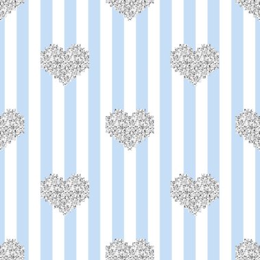 sorunsuz gümüş piksel kalp glitter deseni mavi şerit arka plan üzerinde