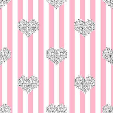 sorunsuz gümüş piksel kalp glitter deseni pembe şerit arka plan üzerinde