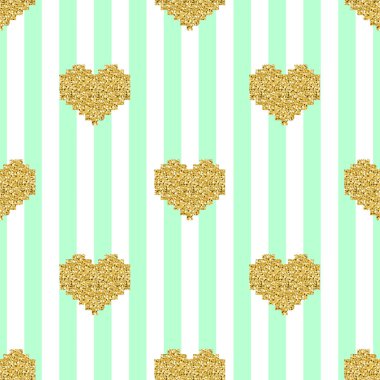 sorunsuz altın piksel kalp glitter deseni yeşil çizgili arka plan üzerinde