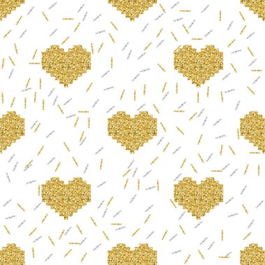 Gümüş ve altın glitter ile sorunsuz altın piksel kalp desen beyaz arka plan üzerinde