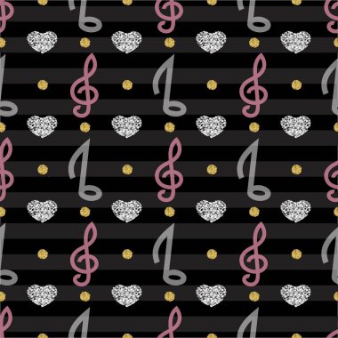 Altın ve gümüş glitter notla kesintisiz müzik desen şerit arka plan üzerinde