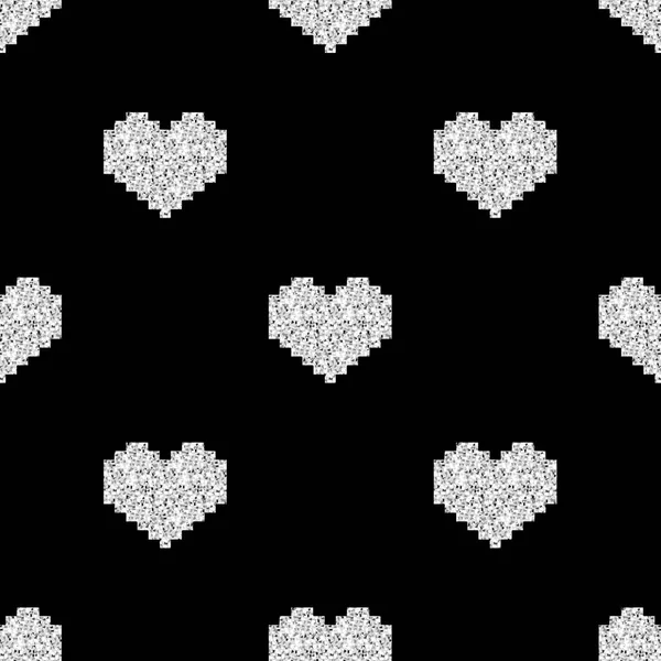 Seamless silver pixel heart glitter pattern on black background — Stock Vector