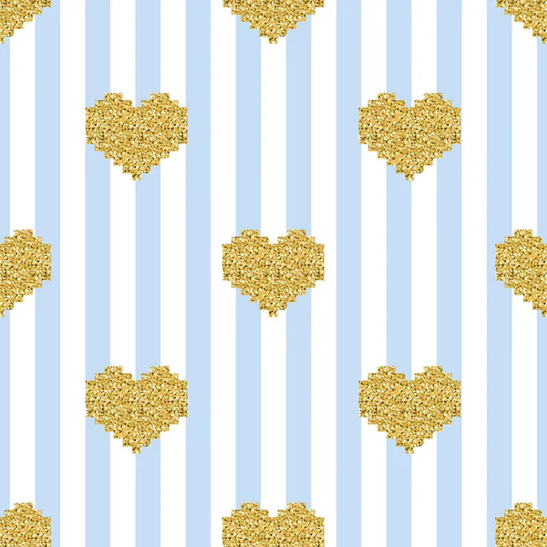 Sans couture or pixel coeur paillettes motif sur fond rayé bleu — Image vectorielle