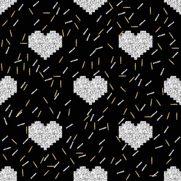 Seamless silver pixel heart with silver and gold glitter pattern on black background — Stock Vector