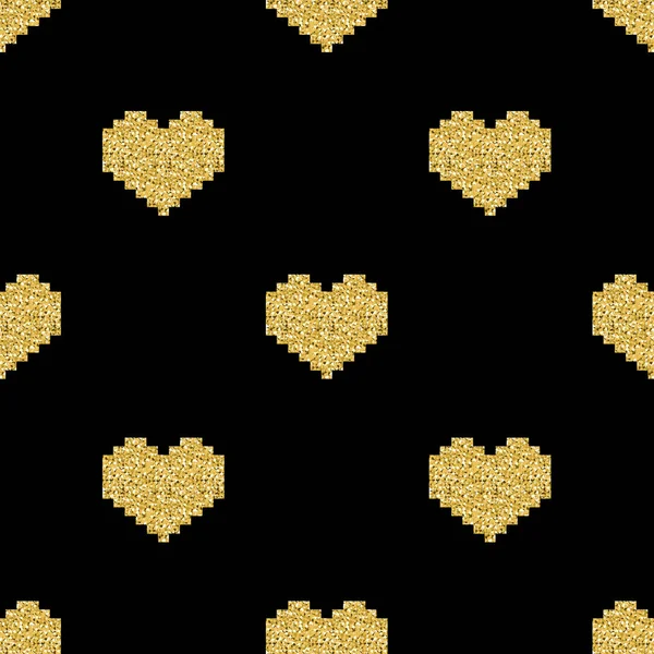 Seamless gold pixel heart glitter pattern on black background — Stock Vector