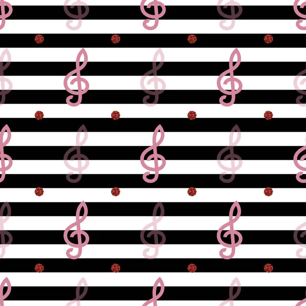 Nota musical rosa sin costuras con patrón de brillo de punto rojo sobre fondo de raya — Vector de stock