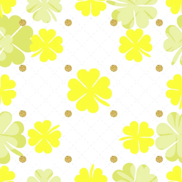 Seamless yellow clover with gold dot glitter pattern background — Stock Vector