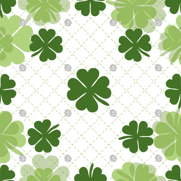 Seamless green clover with silver dot glitter pattern background — Stock Vector