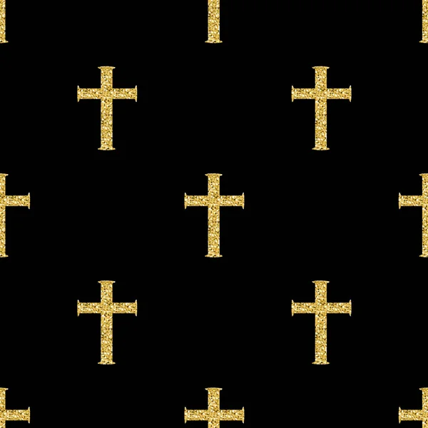 Seamless gold glitter cross pattern on black background — Stock Vector