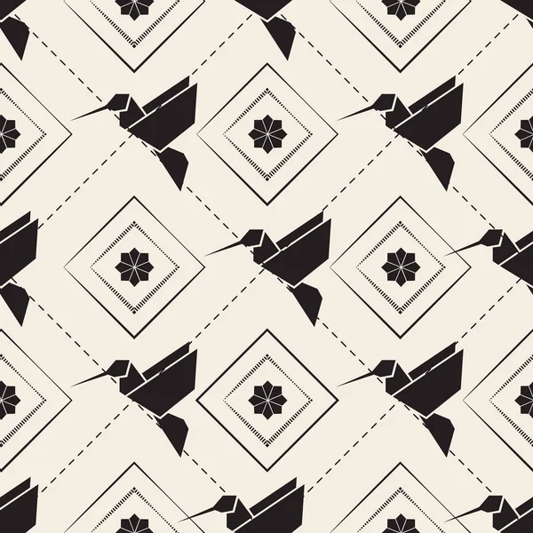 Sömlös monokrom origami fågel med blomma mönster bakgrund — Stock vektor