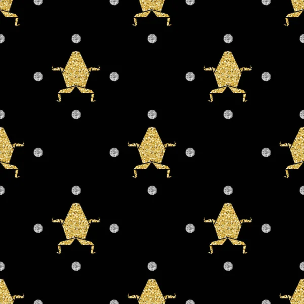 Nahtlose gold glitter frog origami mit silber dot glitter-muster hintergrund — Stockvektor