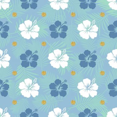 Altın nokta ile kesintisiz mavi hibicus desen arka plan glitter.