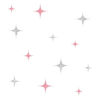 Beyaz arkaplanda pürüzsüz gümüş ve pembe parıltılı yıldız deseni